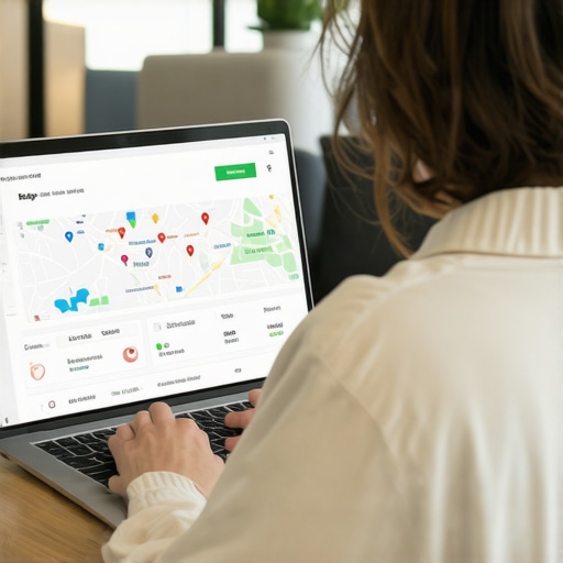Business owner reviewing Google Maps SEO analytics on a laptop.