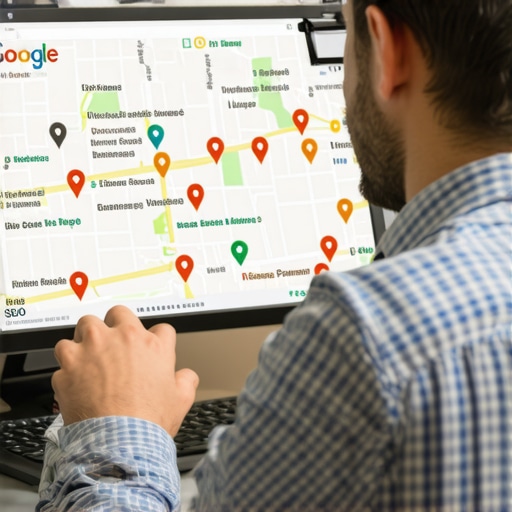 SEO professional reviewing local business listings and map rankings on a computer.