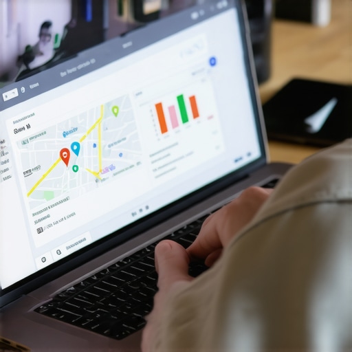 A person working on local SEO optimization on a laptop with Google Maps analytics.