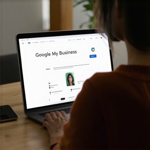 Person working on Google My Business profile on laptop with local SEO icons.