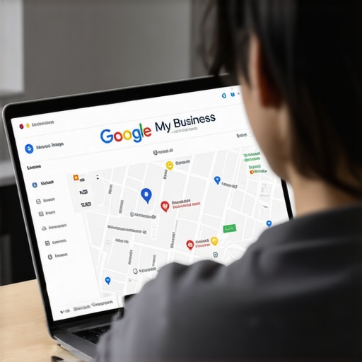 Person updating local business profile on laptop with maps display