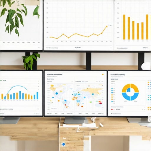 A workspace with computer screens showing Google Maps analytics and SEO metrics.