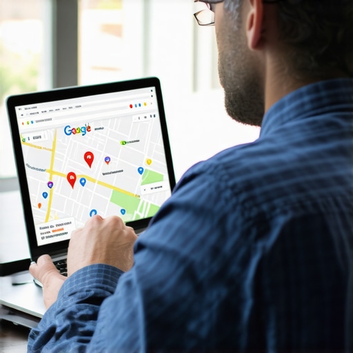Businessman reviewing Google Maps rankings on laptop