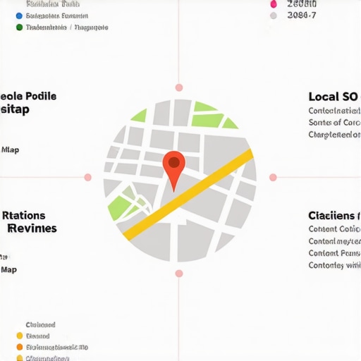 Diagram illustrating steps to improve Google Maps ranking through profile, citations, reviews, keywords, and backlinks.
