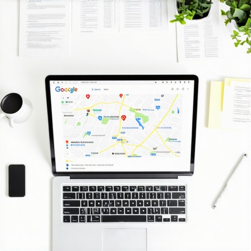 Laptop displaying Google Maps with local SEO notes around it.