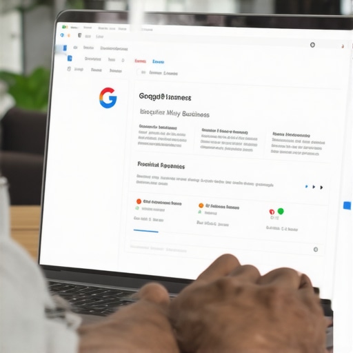 Business owner updating Google My Business profile on a laptop to improve local SEO visibility.