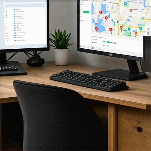A modern workspace with SEO and map ranking tools displayed on monitors.