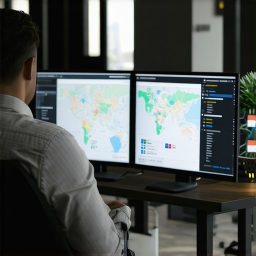 Analyzing Local SEO Data for Map Visibility Digital marketer reviewing SEO metrics and map rankings on computer screens.