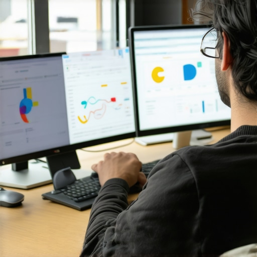 A person studying local SEO performance metrics on a computer with charts and maps.
