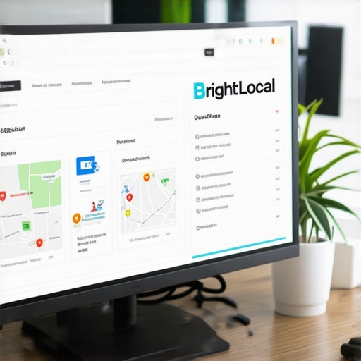A computer monitor showing BrightLocal and SEMrush analytics dashboards used for map ranking maintenance.