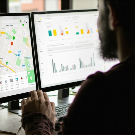 Expert analyzing local SEO performance data on multiple monitors