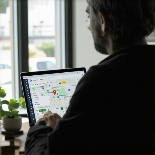 Consultant analyzing Google Maps optimization metrics on laptop