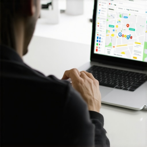 Person working on Google My Business profile on laptop with maps and analytics