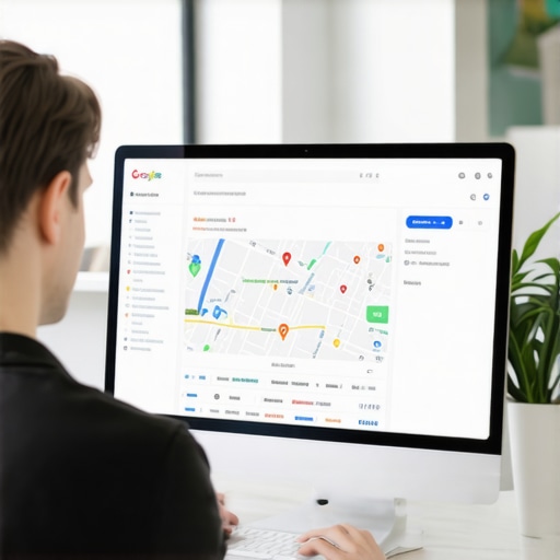 Business owner editing Google Maps listing on laptop with local map graphics.