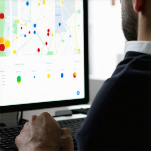 Person analyzing SEO data on a computer screen showing maps and analytics