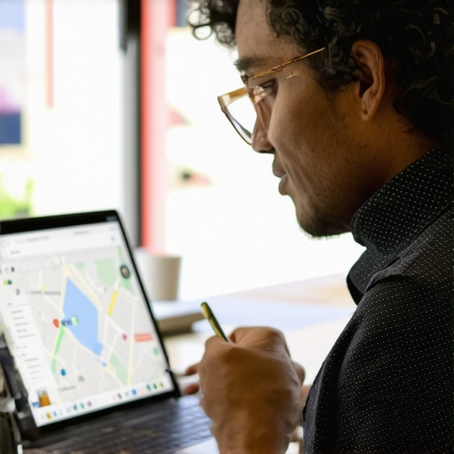 Business owner working on Google My Business profile to improve local map visibility