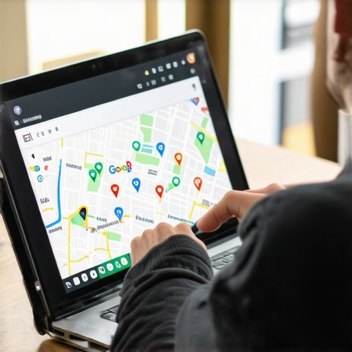 Business owner editing GMB profile on laptop near a Google Maps window