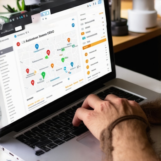 Person analyzing local SEO data on a laptop with maps and charts