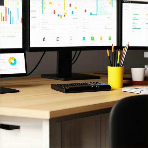 Workspace with SEO analytics and maps dashboards, representing tools for maintaining Google Maps visibility.