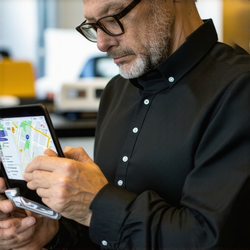 Local Map Optimization Strategies Business owner analyzing local signals and optimization strategies on a digital tablet.