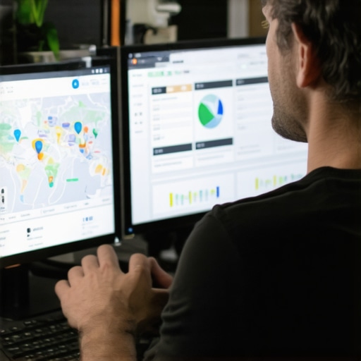 Person reviewing SEO analytics and maps on computer screens to optimize local search rankings