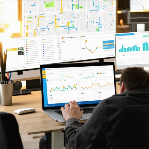 Person analyzing local SEO data with multiple maps and analytics screens.