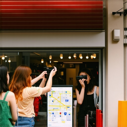 Bright storefront with customers capturing photos outside, representing local SEO and map visibility.
