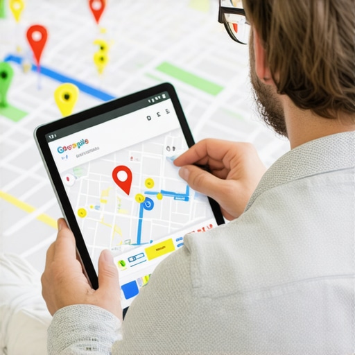 Business owner updating Google profile with map in background.