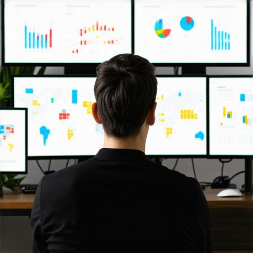 A person using multiple screens showing SEO analytics and maps for local optimization.