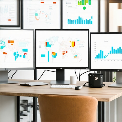A workspace with multiple screens displaying local SEO analytics, maps, and citation management tools.