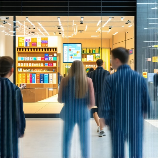 A street view of a business storefront with overlay graphics showing digital signals and customer interactions.