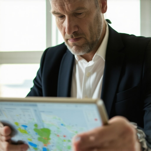 Business owner reviewing geospatial signals on a tablet.