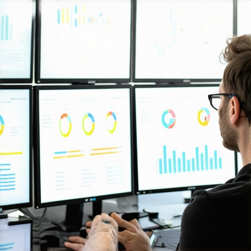 A person analyzing SEO data on computer screens to maintain map rankings.