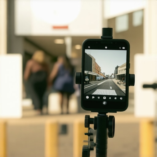 High-Quality Storefront Photography Setup A smartphone mounted on a mini tripod taking clear pictures of a business storefront at daylight