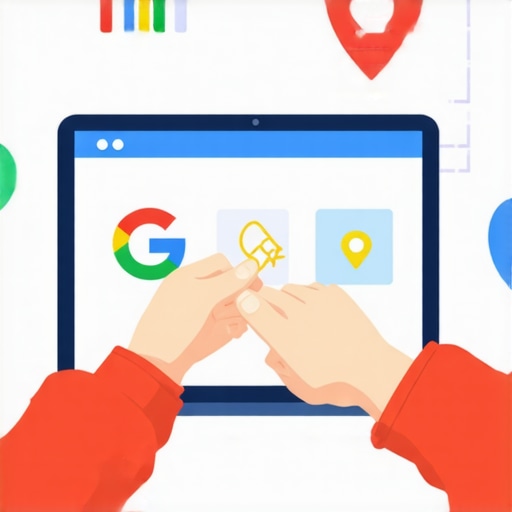 Person updating a Google Business Profile on a laptop, surrounded by map icons.