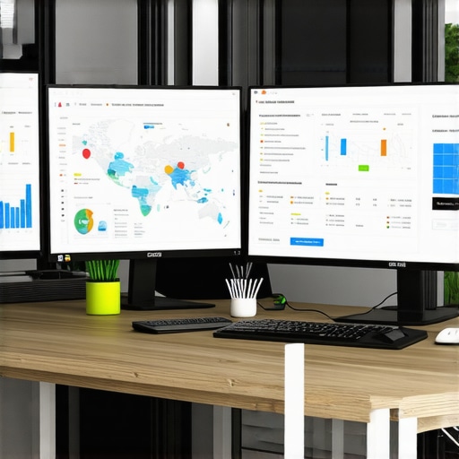 Optimizing Local Maps: Tools in Action A workstation showcasing SEO tools like BrightLocal and Google Analytics on screens, emphasizing map ranking management.